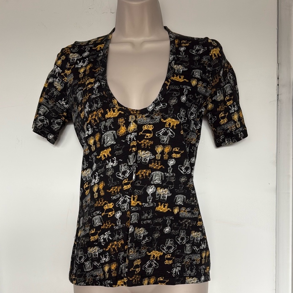 Rodarte for Target Black Lion/Tiger Print Scoop V-Neck Fitted T-Shirt M